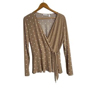 Susan Graver Womens Top Medium Beige Polka Dot Faux Wrap Work Office Career